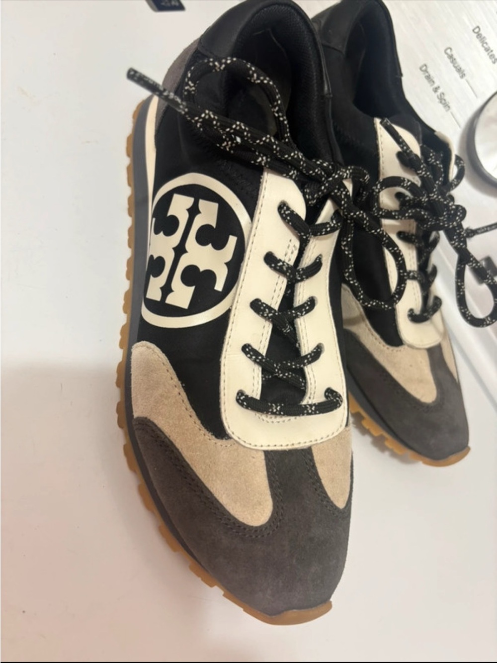 Tory Burch Black, White & Gray Suede Logo Sneakers